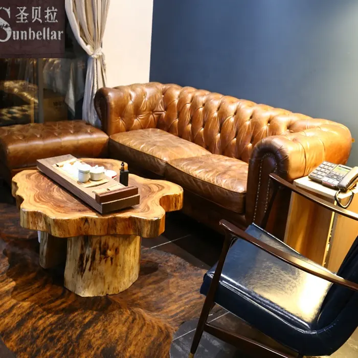 Sofá de cuero auténtico para sala de estar, sillón de estilo americano, con botones, vintage, marrón, 100%