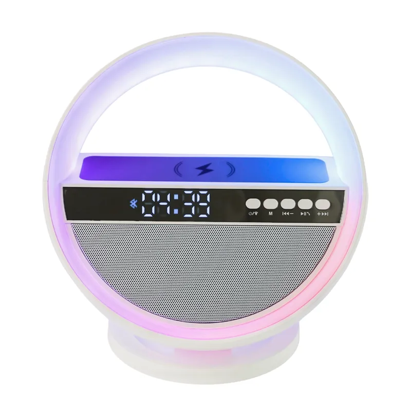 Speaker BT pengisian daya Cepat nirkabel 15W, kontrol aplikasi Aux USB kartu TF Speaker Bluetooth dengan jam Alarm Digital