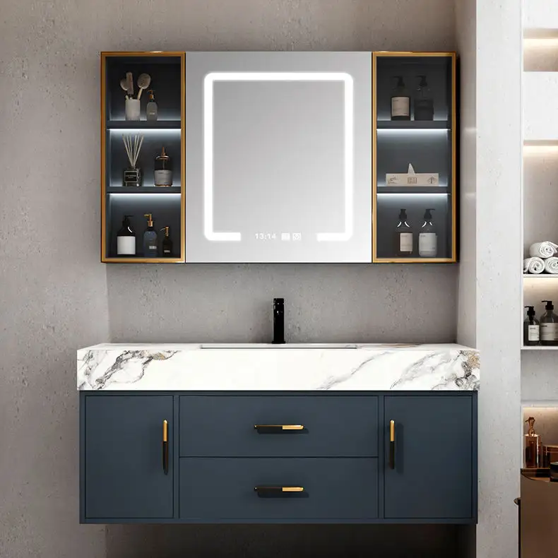 36 Inch Blue Luxury Sintered Stone Countertop Smart LED Mirror Cabinet Bathroom Vanities With Sink