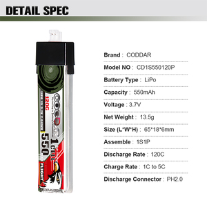CODDAR RC LiPo pil 1S 550MAH 3.7V 120C sert çanta PH2.0 FPV Mini DroneHappy modeli Mobula6 Mobula7 gegeprc Cinewhoop - Product Image 3
