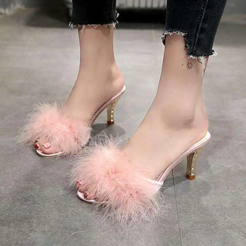 Donna soffice pelliccia diapositive zeppe stivali tacco pantofole tacco alto moda Open Toe muli scarpe pompe tacco di pelliccia rosa