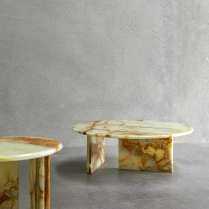 SH STONE Luxury Living Room Furniture Set Modern Round Tea &amp; Coffee Table with T-Frame Light Green Onyx <strong>Marble</strong> Unique Design - Product Image 3