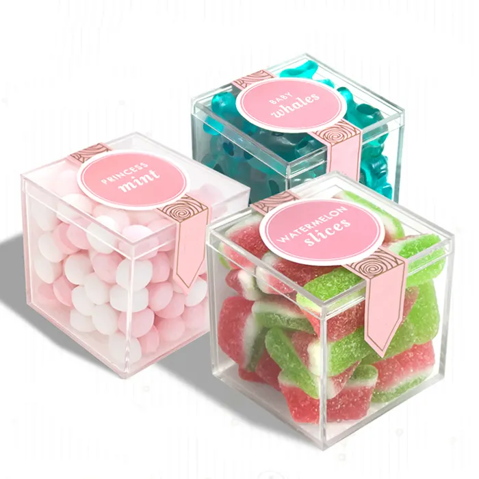 Boîte à bonbons en plastique personnalisé 50 pièces, carré en acrylique pour cadeau d'anniversaire, Cube à sucre pour nourriture, boîtes en acrylique avec couvercles