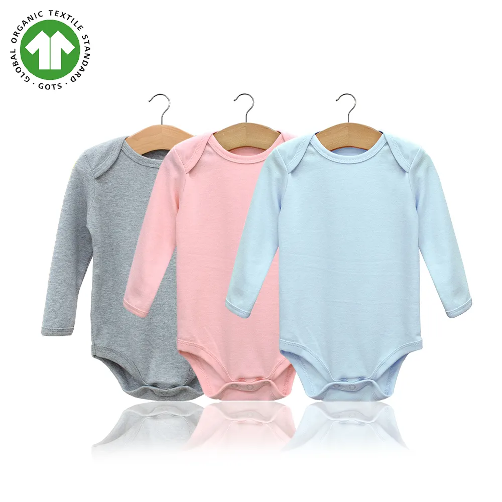 GOTS Plain Baby Onsie Unisex Long Sleeve Bodysuit Romper Sleepsuit 100% Organic Cotton Interlock Wholesale