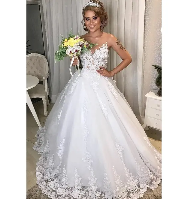 Vestido de casamento com flores, vestido de noiva com pescoço ilusão 3d