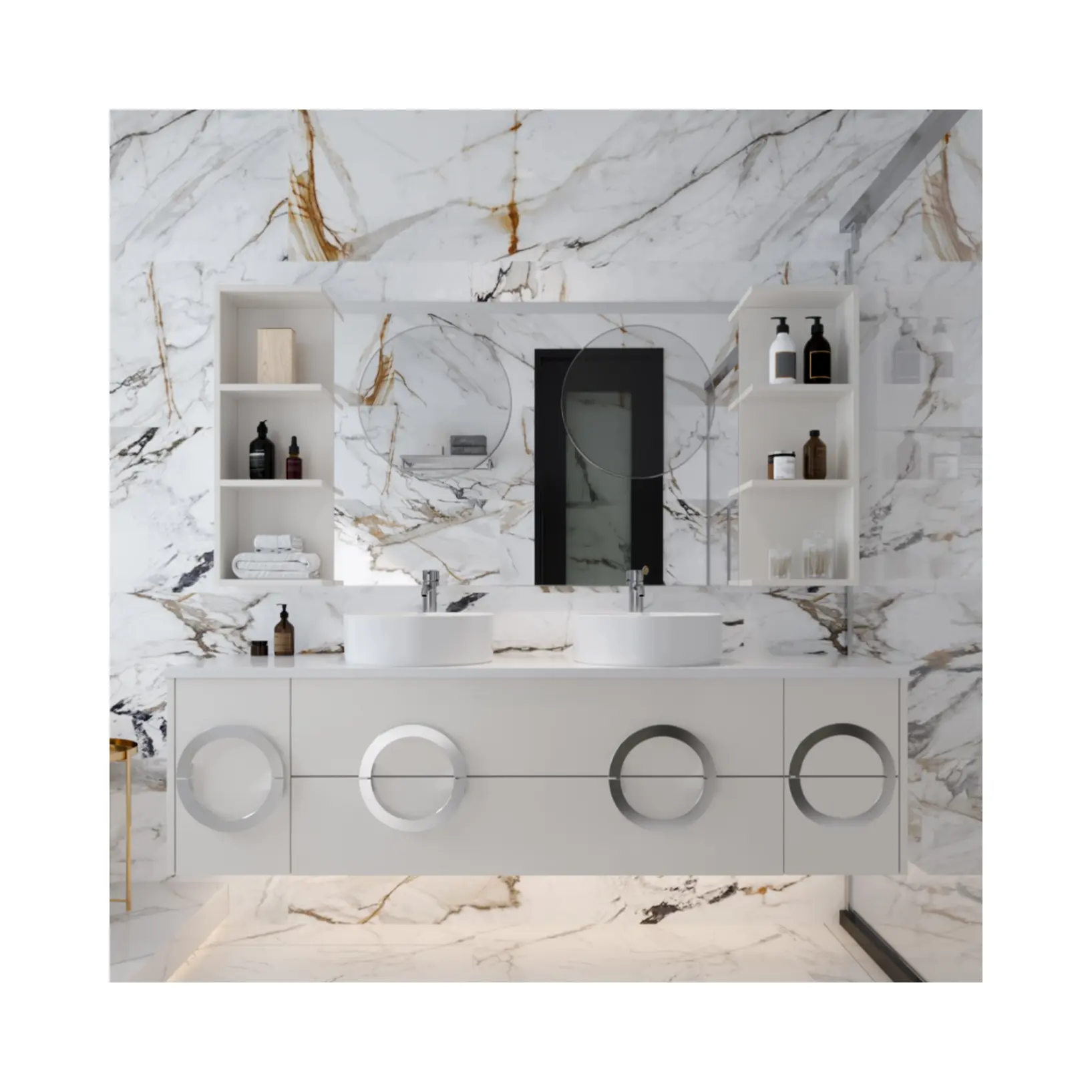 Nouveau design texture de luxe légère rangement armoire de salle de bain vanité table ensemble de meubles de salle de bain