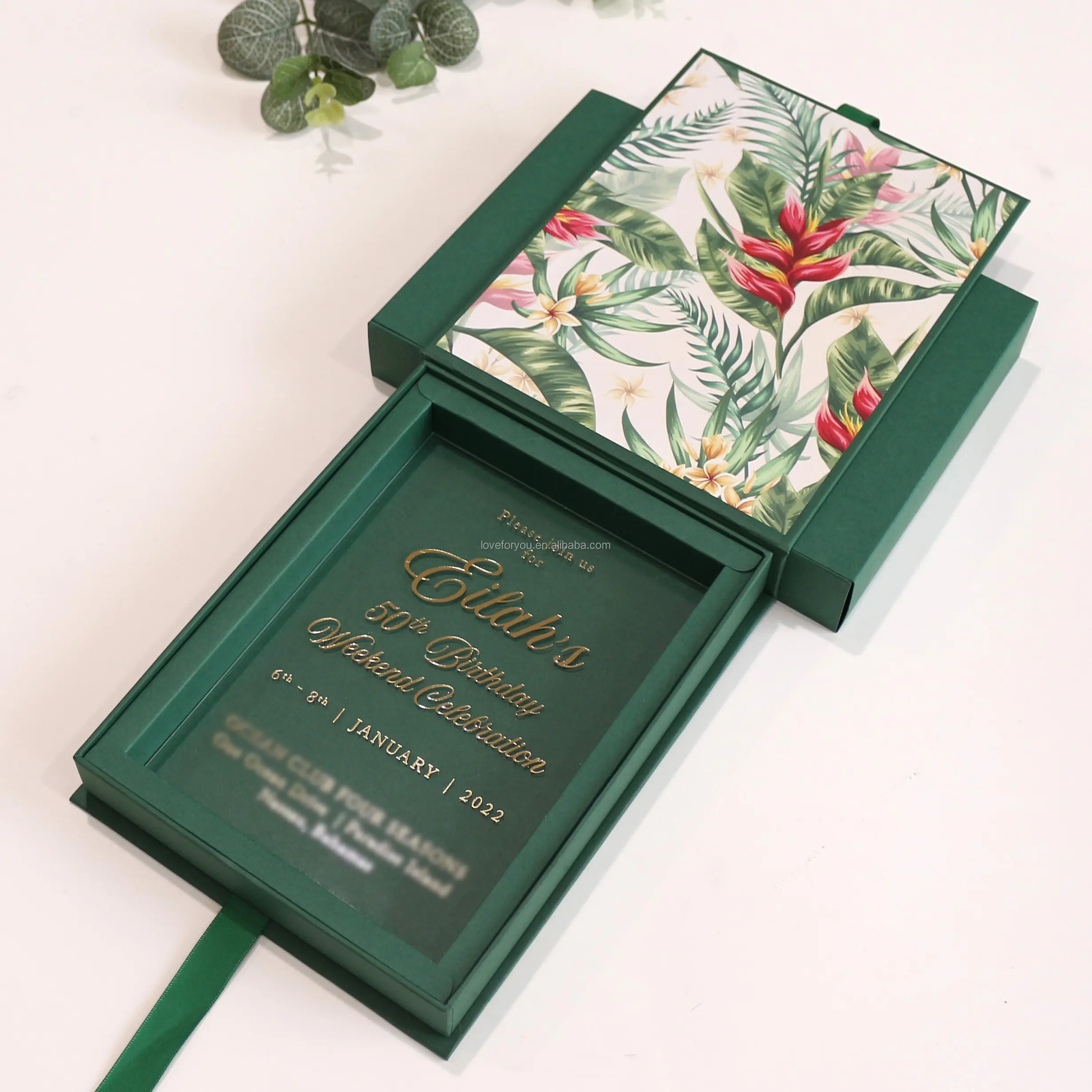 Cartão de convite de casamento em acrílico transparente com caixa verde, cartão personalizado para festa de aniversário de 50 anos, caixa personalizável