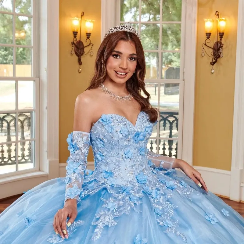 Mumuleo azul cielo Smangas desmontables vestidos de quinceañera vestido de baile 3D flores florales encaje fuera del hombro corsé para dulces 15 niñas