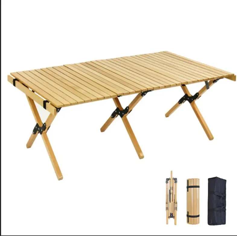 Tuoye prêt à expédier Table de pique-nique pliable en bois de pin Table de rouleau d'oeufs Table de Camping Portable en bois avec 4 ensembles de chaises