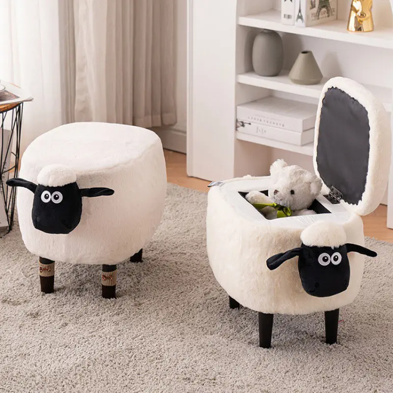 Children Animal Sheep Storage Ottoman Creative Storage Toy Box Padded Seat Removable Footrest Stools Alpaca Plush Doll Footstool