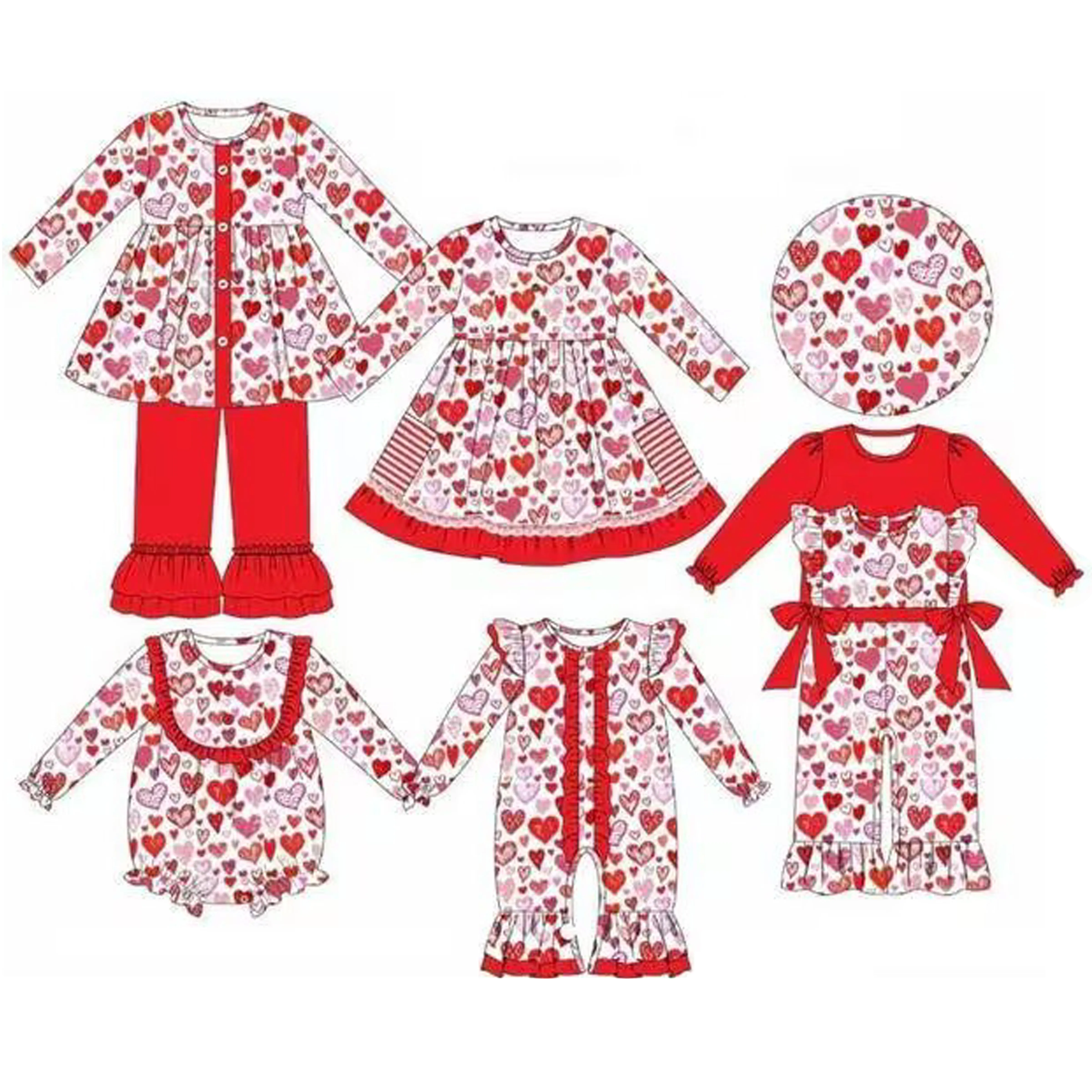 Latest Baby Girl Long Sleeve Valentine's Day Dress Kids Red Heart Print Matching Clothes Children Flower Romper Clothing