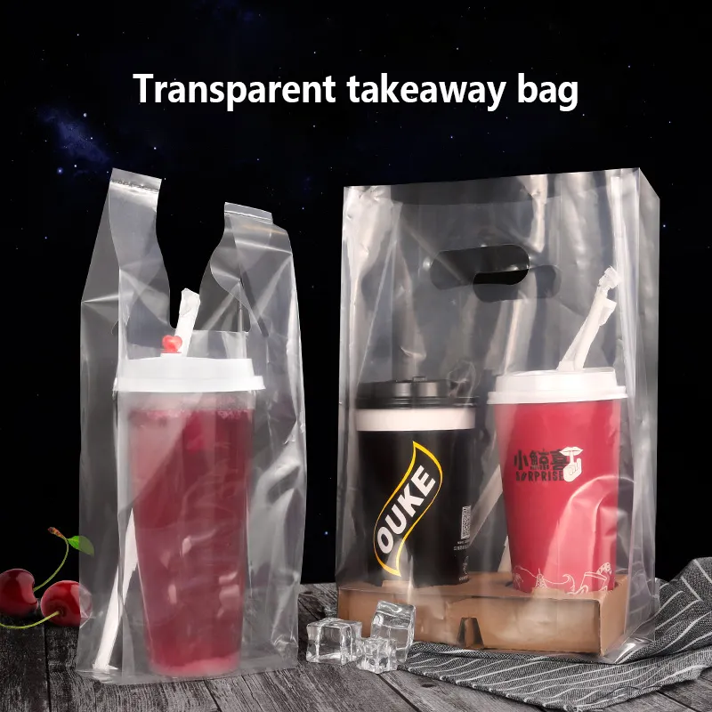 Takeaway çanta boba çayı kahve içecek çantası şeffaf tek fincan çift fincan boba kabarcık plastik torba bardak tutucu ile