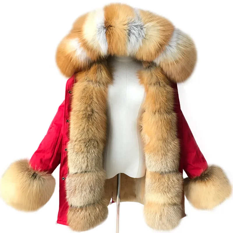 Offre Spéciale Mode Parka Avec Capuche En Fourrure De renard Rouge Moelleux Renard Col De Fourrure Réel Fourrure Parka Femme