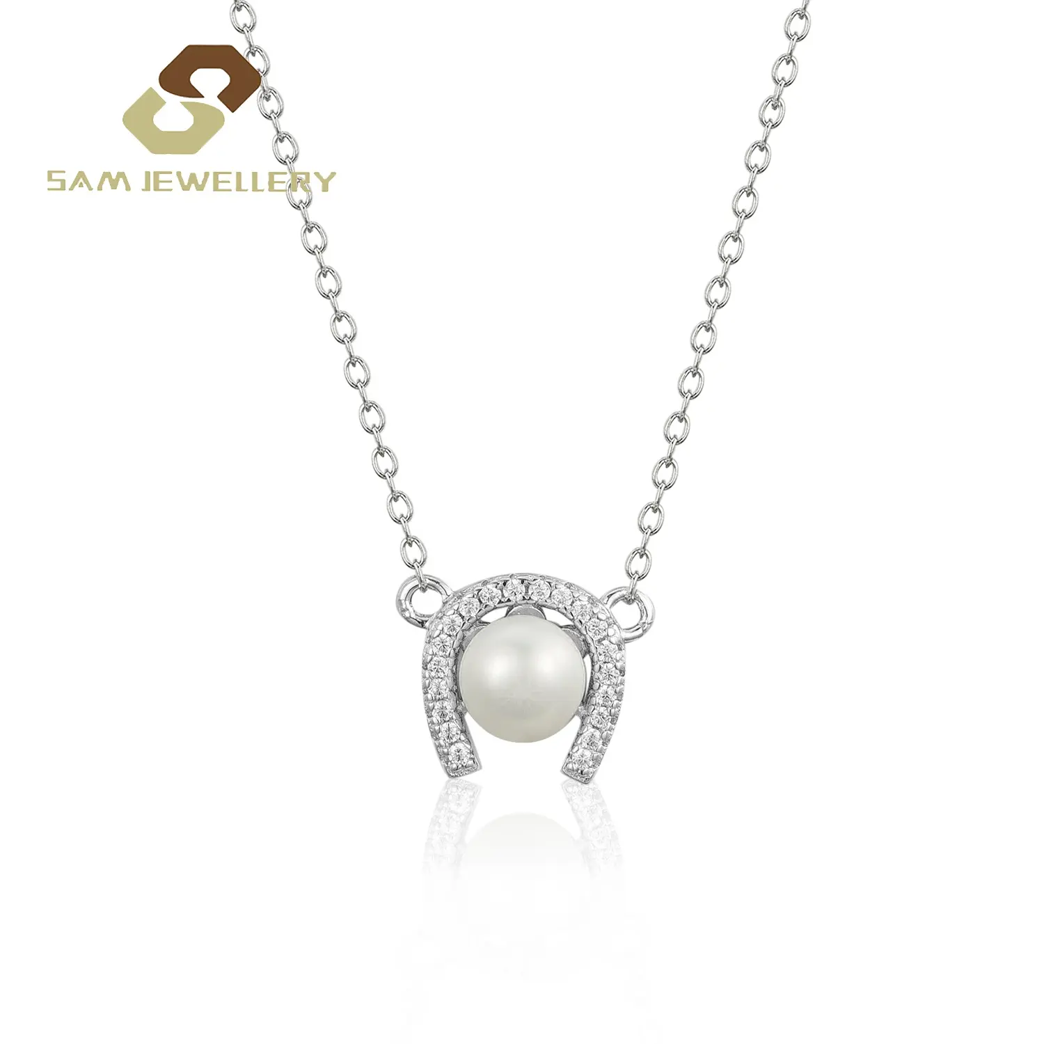Fine Pearl Jewelry Trendy U Shaped 925 Sterling Silver Zircon Paved With White Freshwater Pearl Pendant Necklace For Women Gift