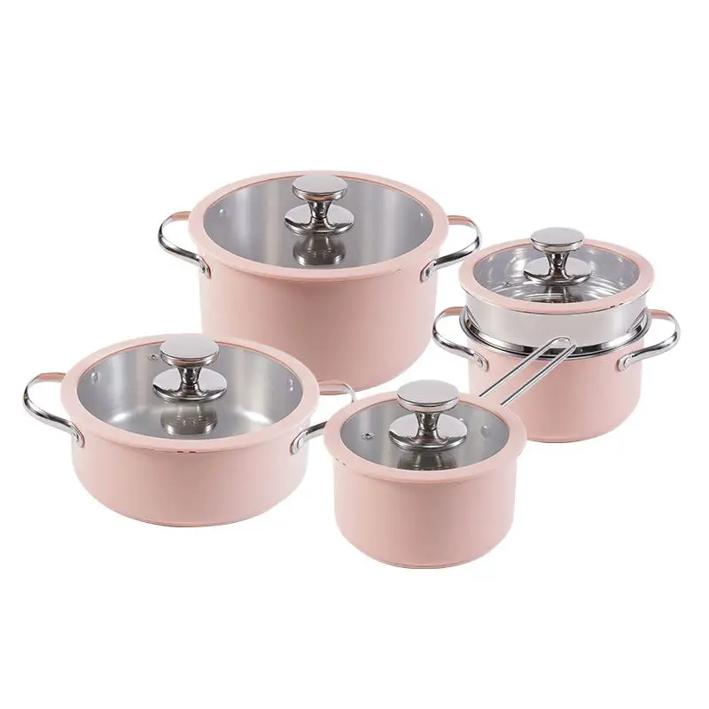 Korean Style 4 Piece Durable Ceramic Paint Kitchen Induction Stove Stainless Steel Cookware Set Cooking Pot Set