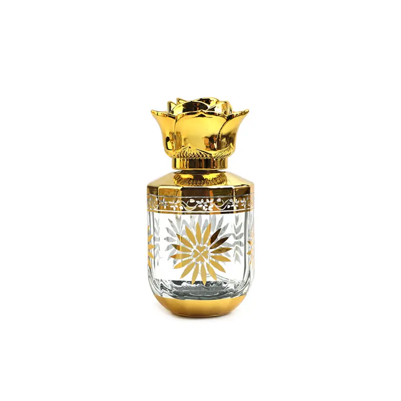 Dubaï flacon pulvérisateur de parfum rond en métal, gravé Uv, col à vis, or Antique, verre transparent, avec capuchon de couronne, 30ml