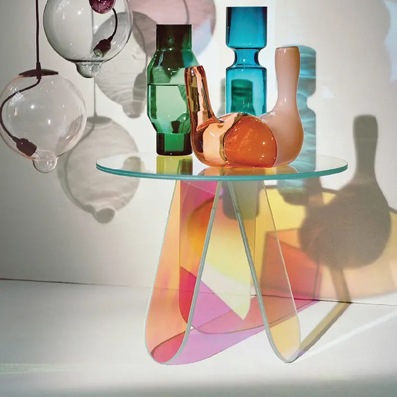 Mesa de centro acrílica de colores nórdicos, mesa de centro acrílica transparente con cristales de arcoíris