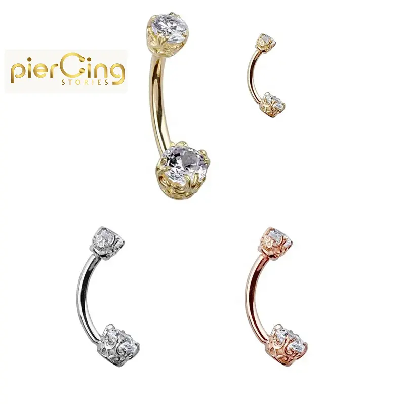 Piercing Stories 14K Solid White Rose Gold filigrana Double Crystal Gem Bottom ombelico ombelico Piercing gioielli per il corpo