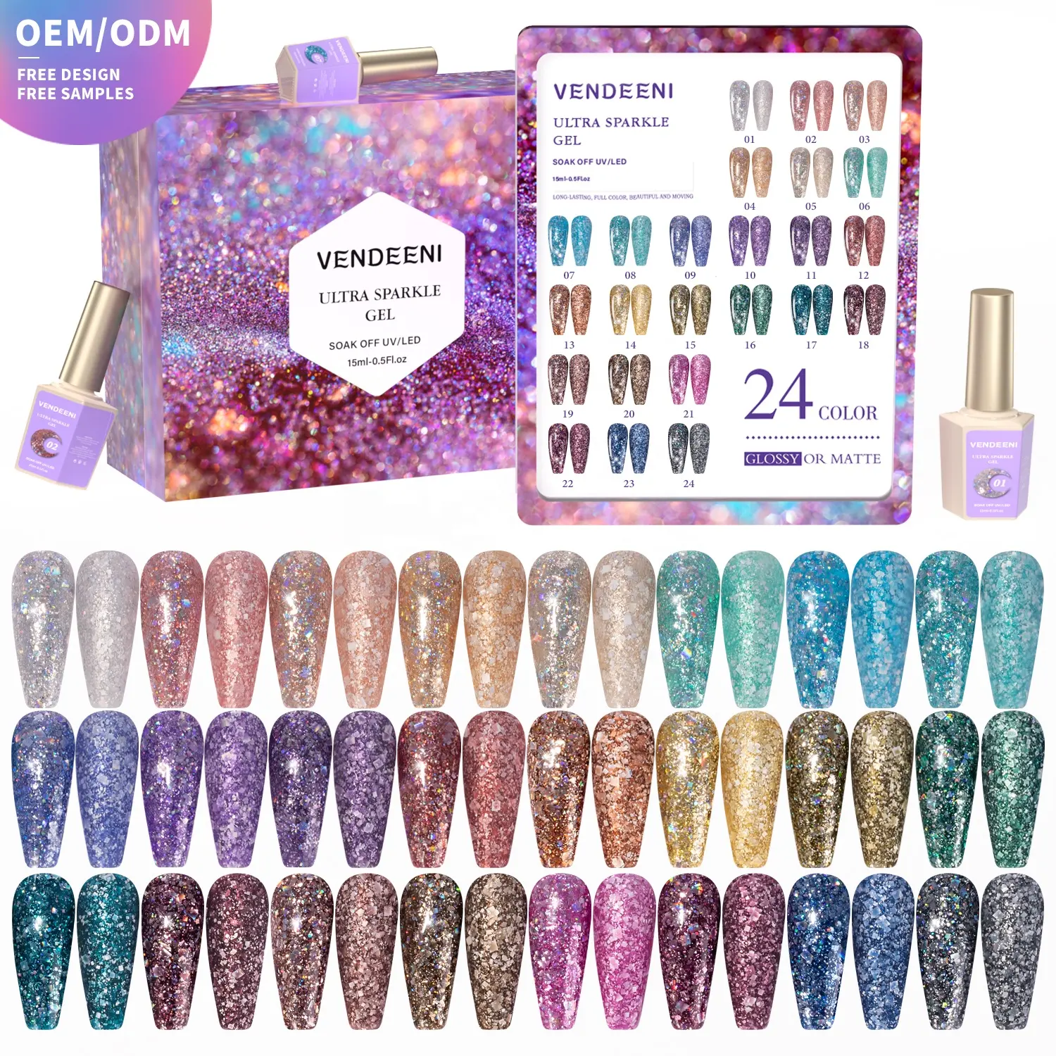 Vendeeni 24 màu sắc phản quang Disco Gel lấp lánh long lanh Gel Polish Kit nhãn hiệu riêng lâu dài Nail Polish Nail Gel Set