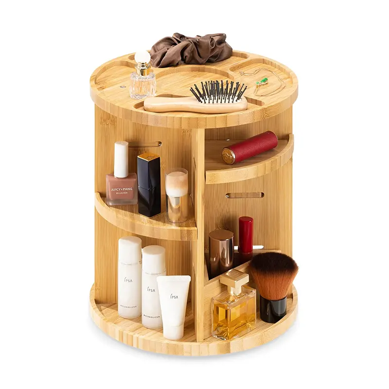 Organizador de almacenamiento de madera y bambú para maquillaje, multifunción, giratorio de 360 grados, para lociones de cepillos de escritorio y baño