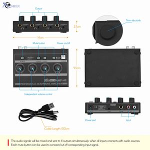 AMPLIFICADOR DE AURICULARES profesional de 4 canales, amplificador de Audio estéreo compacto con RCA de 6,35mm y 3,5mm, Control de volumen de entrada - Product Image 3