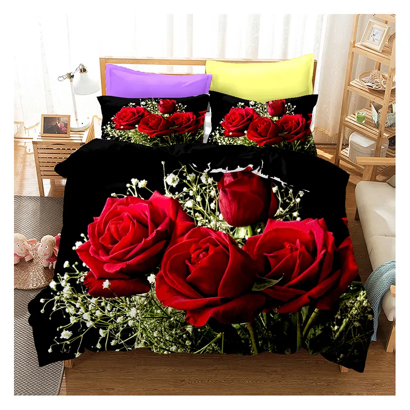 3D Digital Printing 100% Polyester 3PCS/ 4PCS Bedding Set Floral Rose Duvet Cover Set Bed Sheets Wholesale Bedsheets Sets