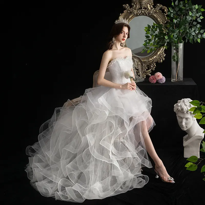 2024 femmes élégantes Hi-Lo robe de mariée en mousseline de soie français Tulle dentelle tissu pour robes de soirée de mariage