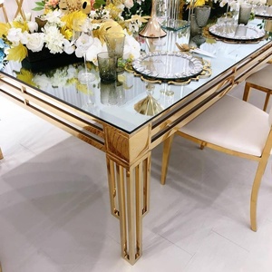 Moderner Edelstahlrahmen Goldener Hochzeitstisch Hochwertige Hotelmöbel Esstisch für Empfänge Spiegelglas Eventtisch - Product Image 5