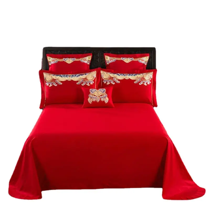 2024 wholesale bed sheet pillowcase double bed sheets set solid red color joyous marriage bed sheets