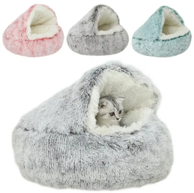 Lit pour chat recouvert de peluche douce lavable de luxe semi-fermé chaud d'automne et d'hiver