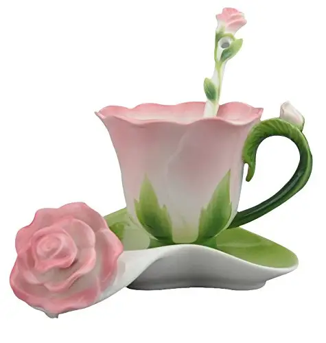 Tasses à café et thé en porcelaine, en céramique, fabriquées à la main, Design Rose, vendu avec soucoupe et cuillère