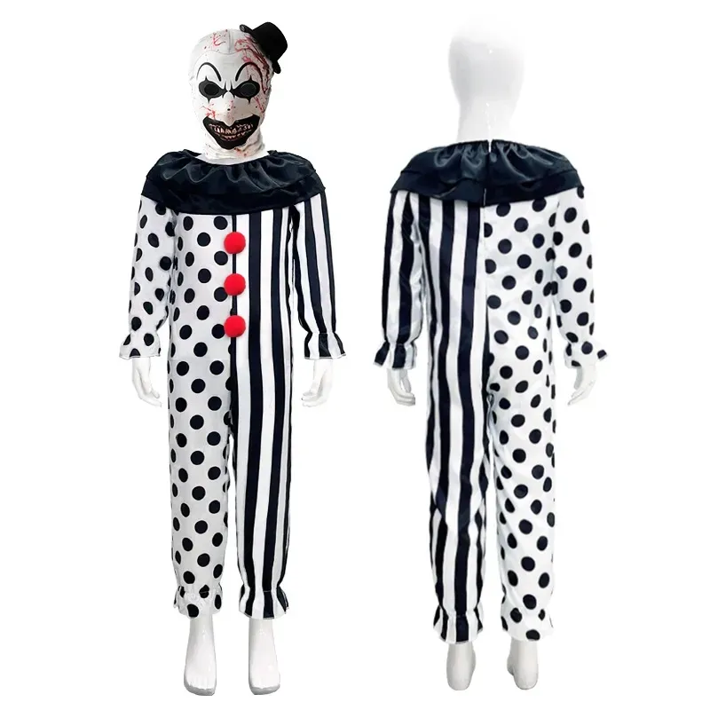 Kids Cosplay Clown Joker Costume With Mask Hat Terrifier Jumpsuit Halloween Horror Bodysuit Art The Clown Suit Set Boys Girls