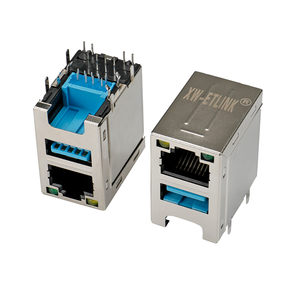หัวแจ็ค LED ตัวเมียเชื่อมต่อ RJ45ด้วย USB 3.1 Rj45 10Pin + USB 3.1 PCB แจ็ค Modular PCB เครือข่ายโลหะ Rj45ขั้วต่อ USB - Product Image 1