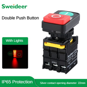 22 mm IP65 wasserdichter doppelkopf-druckknopfschalter mit LED-anzeigenlicht 220 V ein-/aus-kunststoff-steuerungsschalter zurücksetzen typ 1NONC