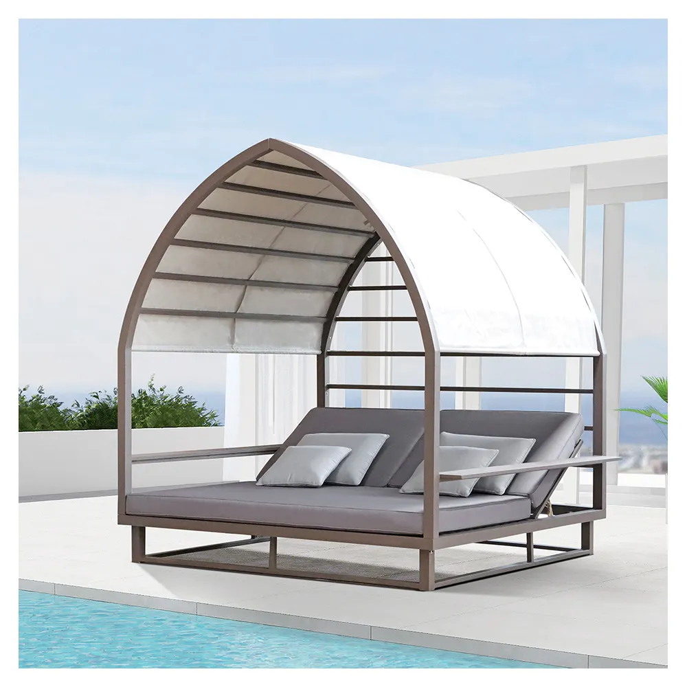 Tumbona de playa a prueba de Sol para todo clima más vendida, cama de día de aluminio para piscina de resort al aire libre con dosel para uso en jardín y patio