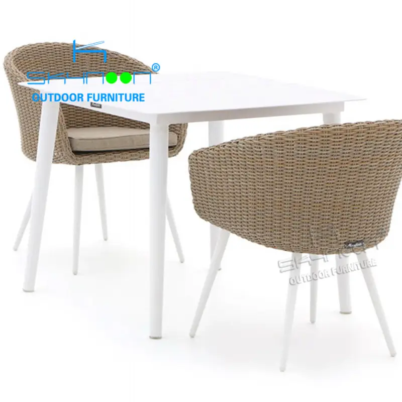 Juego de comedor para jardín, patas de aluminio blanco, mesa de patio y sillas de balcón, 4 sillas + 1 mueble de ratán sintético para exteriores (21077), gran oferta