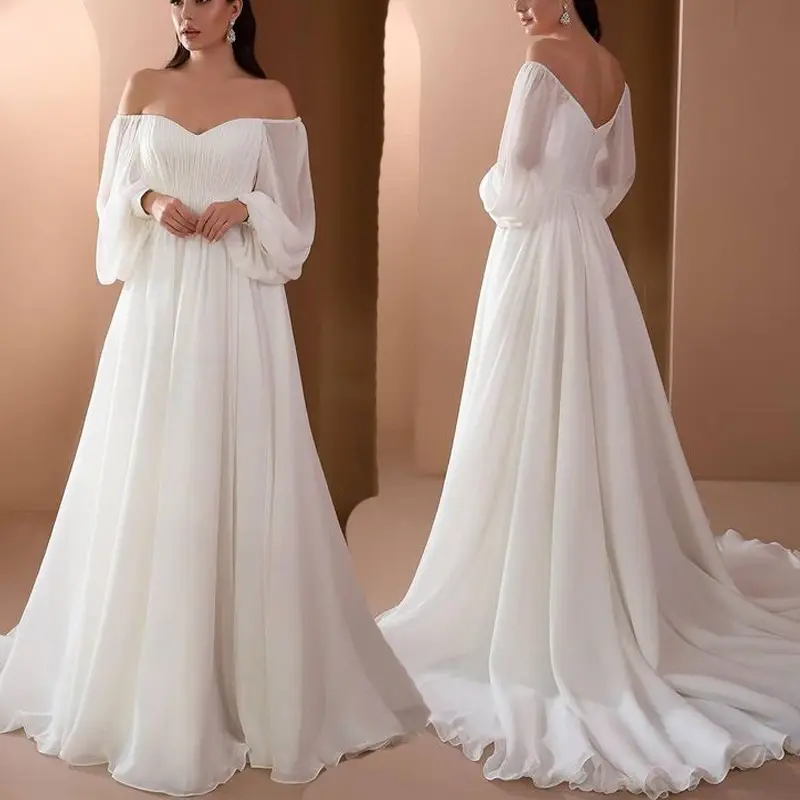 D7578 2022 Dropship कपड़ा फीता ऊपरी लंबी शाम पोशाक के साथ 1/2 आस्तीन शादी का जोडा