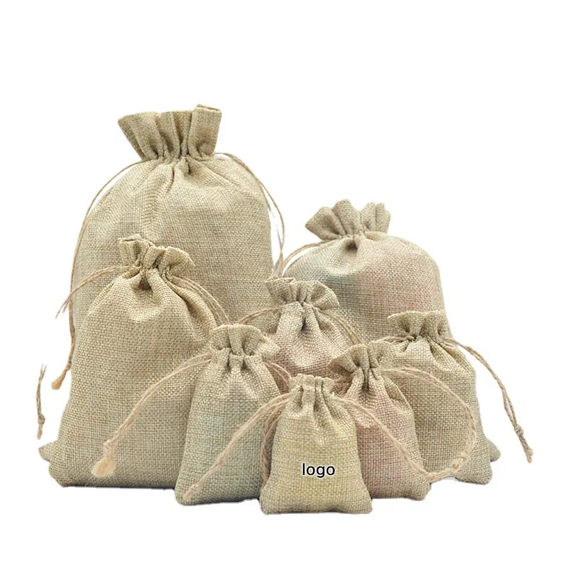 Bolsa pequeña de arpillera personalizada para Navidad, artículo de lino Natural duradero, con cordón de yute, venta al por mayor