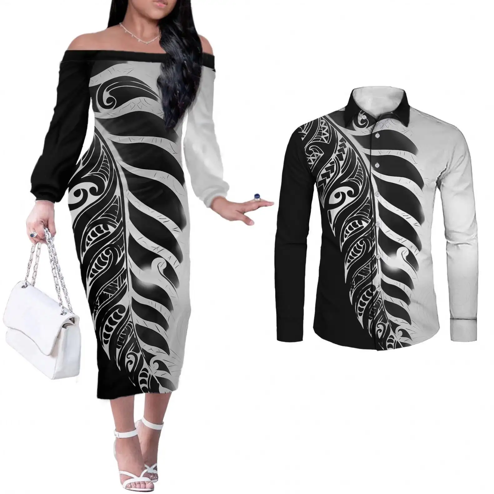 Paar Kleren Nieuwe Polynesische Tribal Print Zwarte Vrouwen Jurk Off Shoulder Jurk Match Lange Mouw Zwart Gestreept Shirt