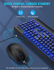 Combo de teclado inalámbrico ergonómico recargable 7 efectos retroiluminados Ratón inalámbrico de 6 botones Compatible con USB Windows Mac PC - Product Image 6