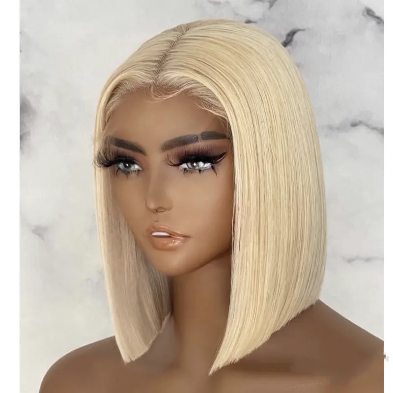 Perruque Lace Front wig naturelle lisse, cheveux courts, coupe au carré, blond, cuticule alignée, os sans colle, lisse, longue, transparente, 1 pièce