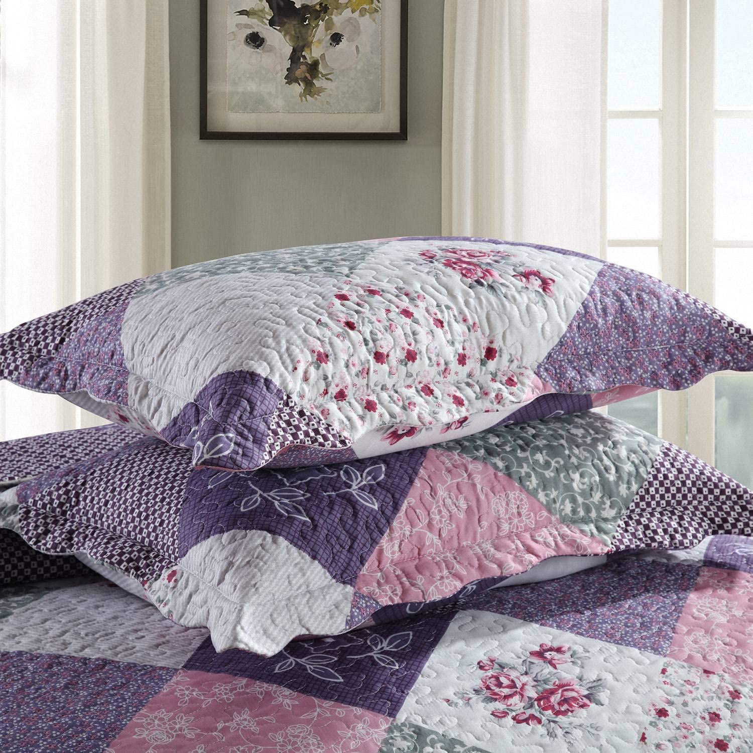 High Quality New Fashion King Size Home Textile Superfine Fiber Checkered Floral Quilt Bedding Set