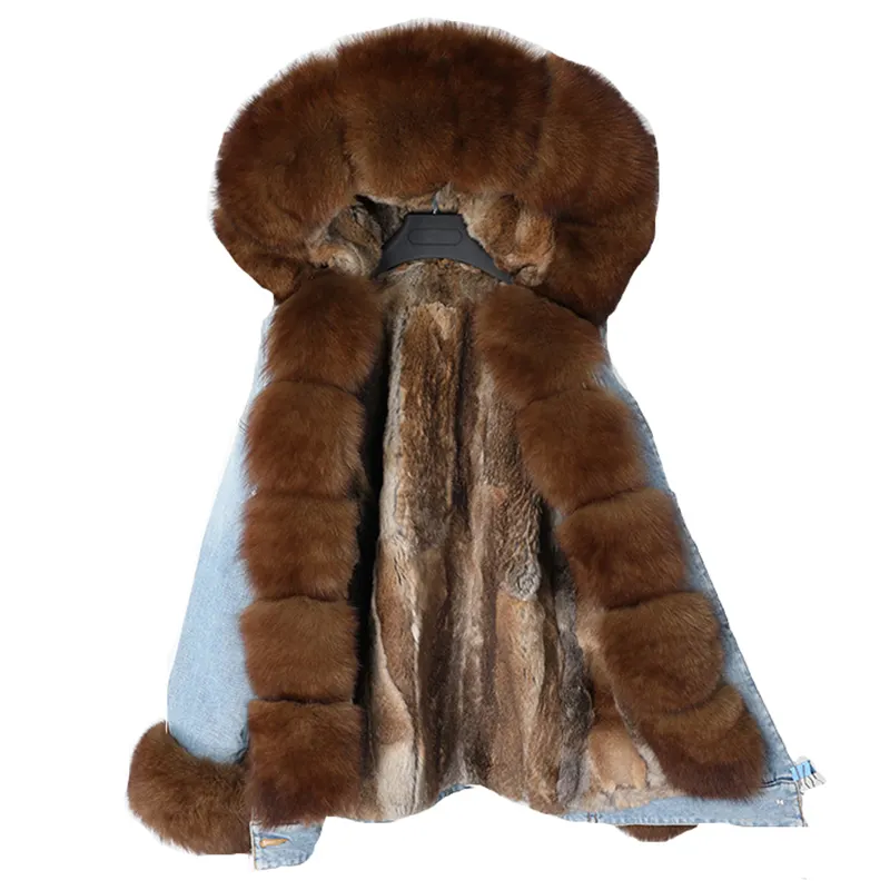 oversize jean fur jacket women real fox fur parka coats with detachable long fox fur collar women fall 2021 denim parka jackets