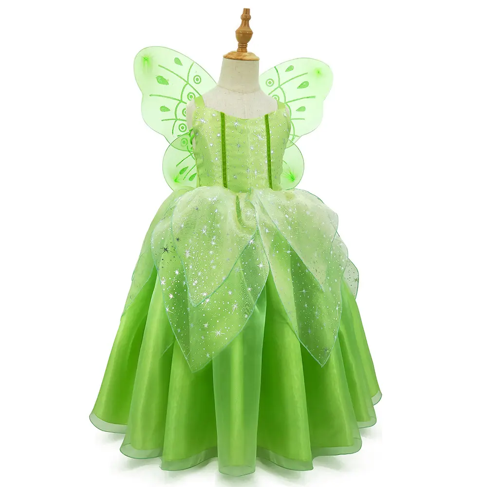 Vestido largo verde de dibujos animados para niñas, disfraz de hada Tinkerbell