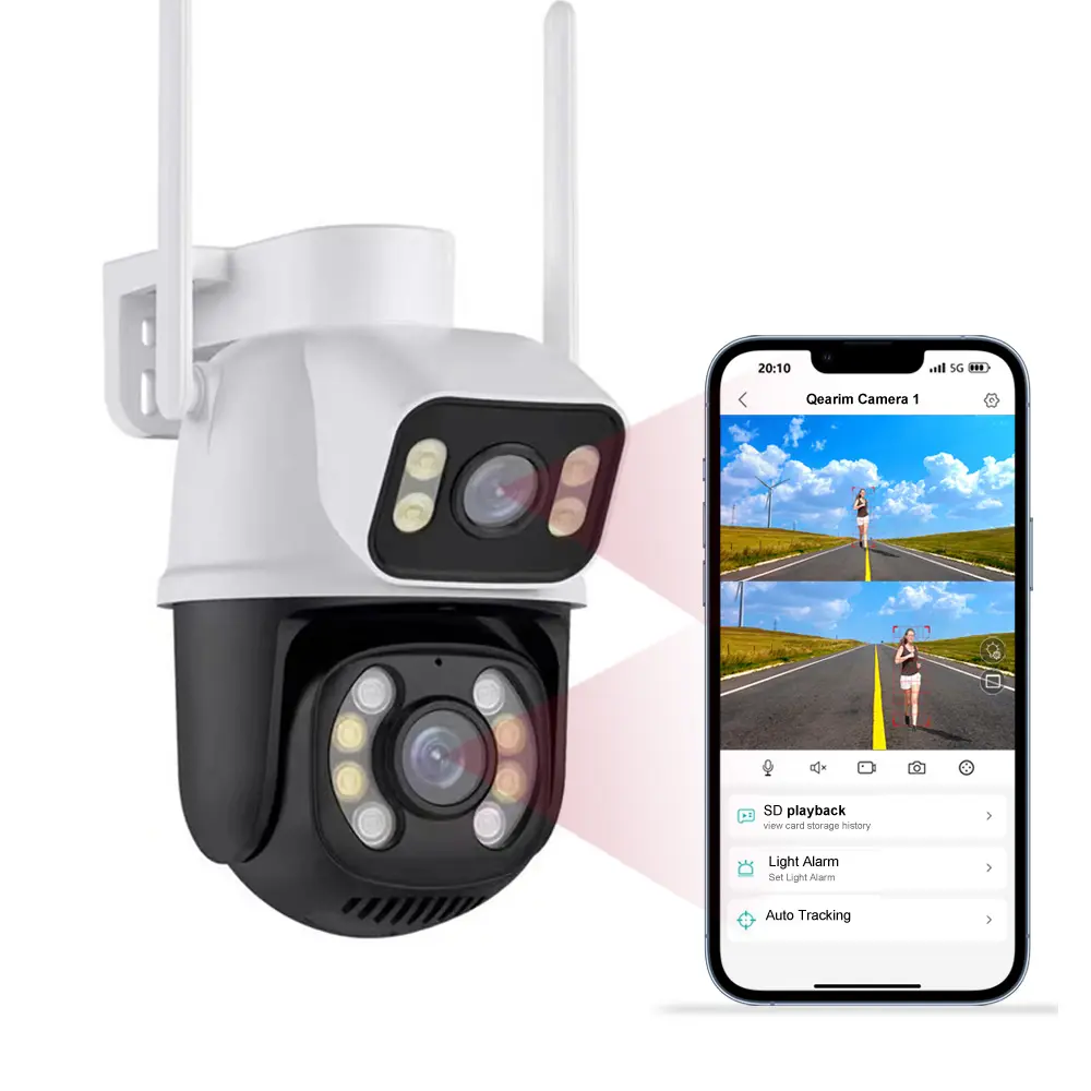 2023 Cámara cctv domo de doble lente Icsee App mini cámara CCTV wifi para exteriores conectada al teléfono móvil inteligente AI cámara de seguridad