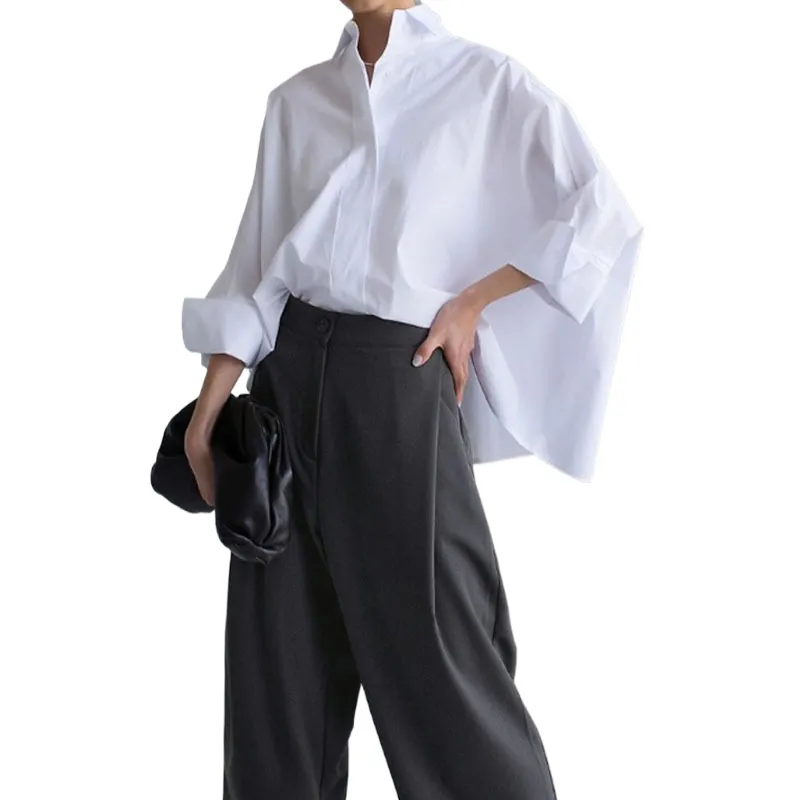 Camicia a maniche lunghe personalizzata primaverile e autunnale da donna coreana larga in cotone bianco mantello manica a pipistrello camicia moda