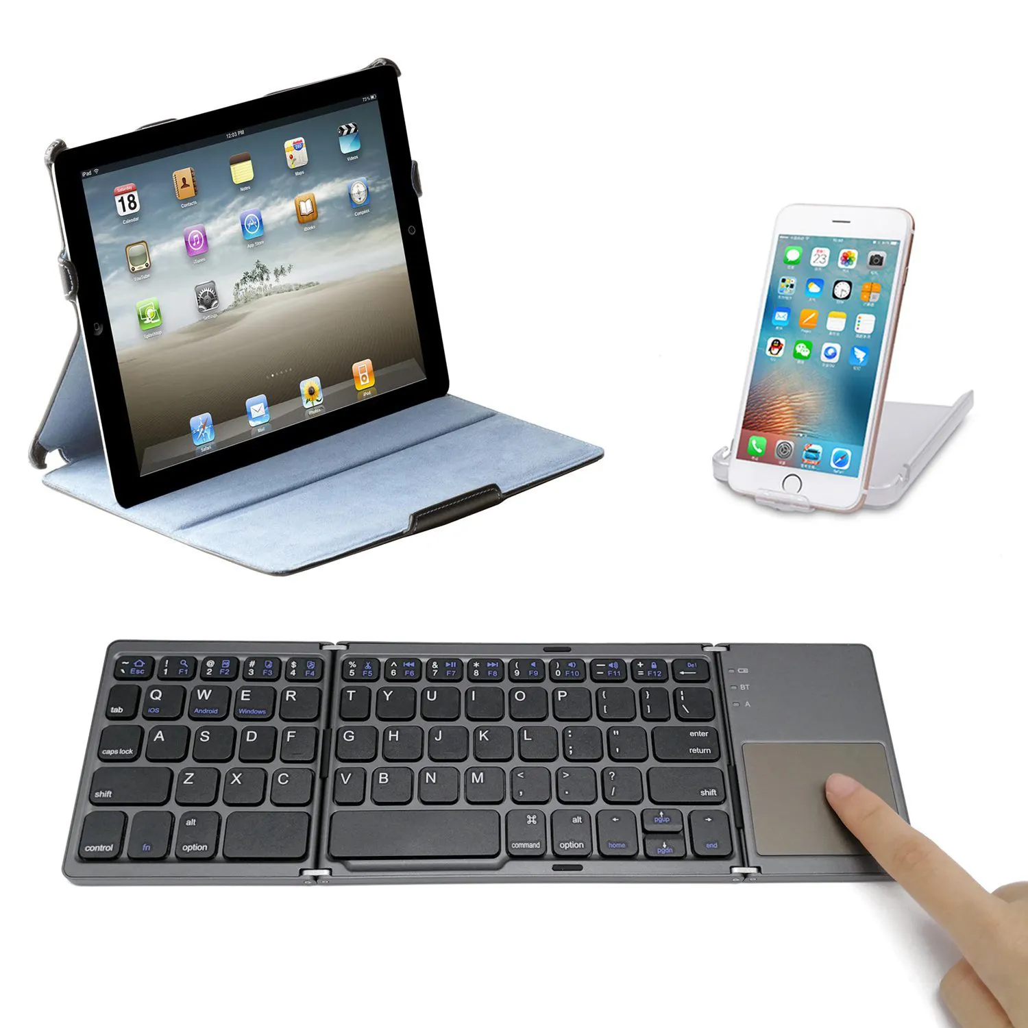 Dreifach faltbare faltbare Mini BT kabellose Tastatur mit Touchpad für Windows Android iOS Tablet PC Smart Phone