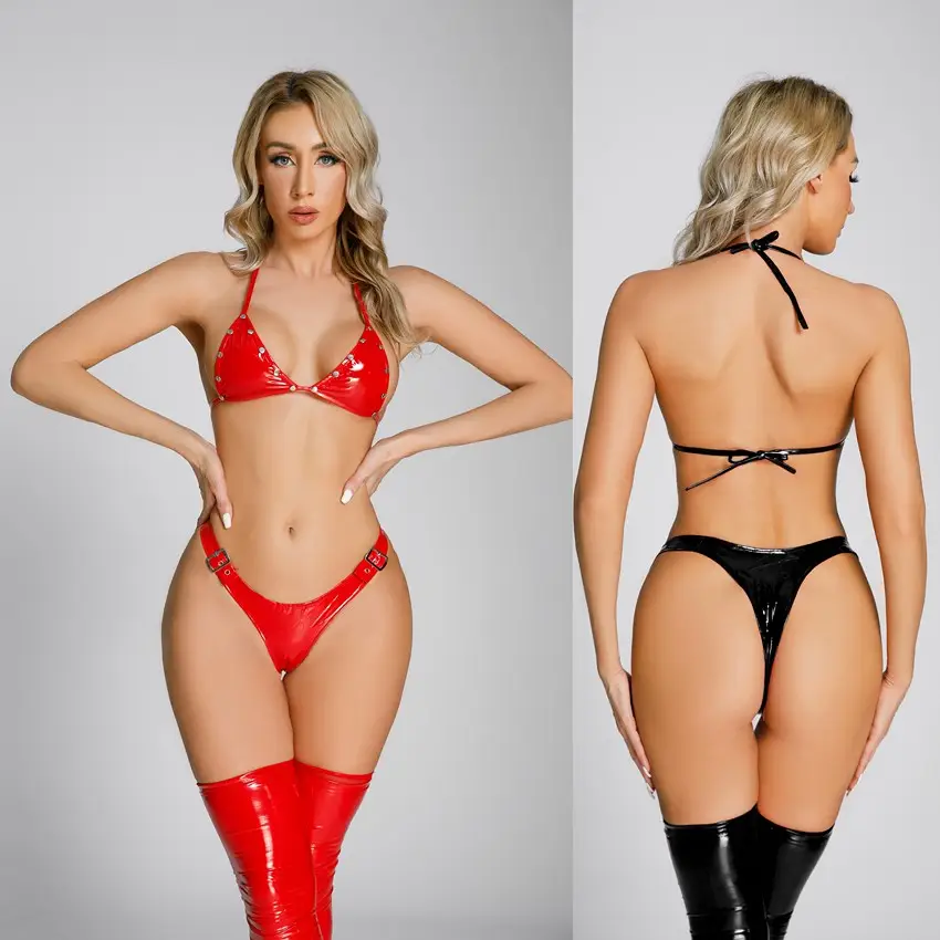 Costume de Bikini en PU pour femmes, Lingerie Sexy porno, boîte de nuit, soutien-gorge en cuir Punk et g-tring