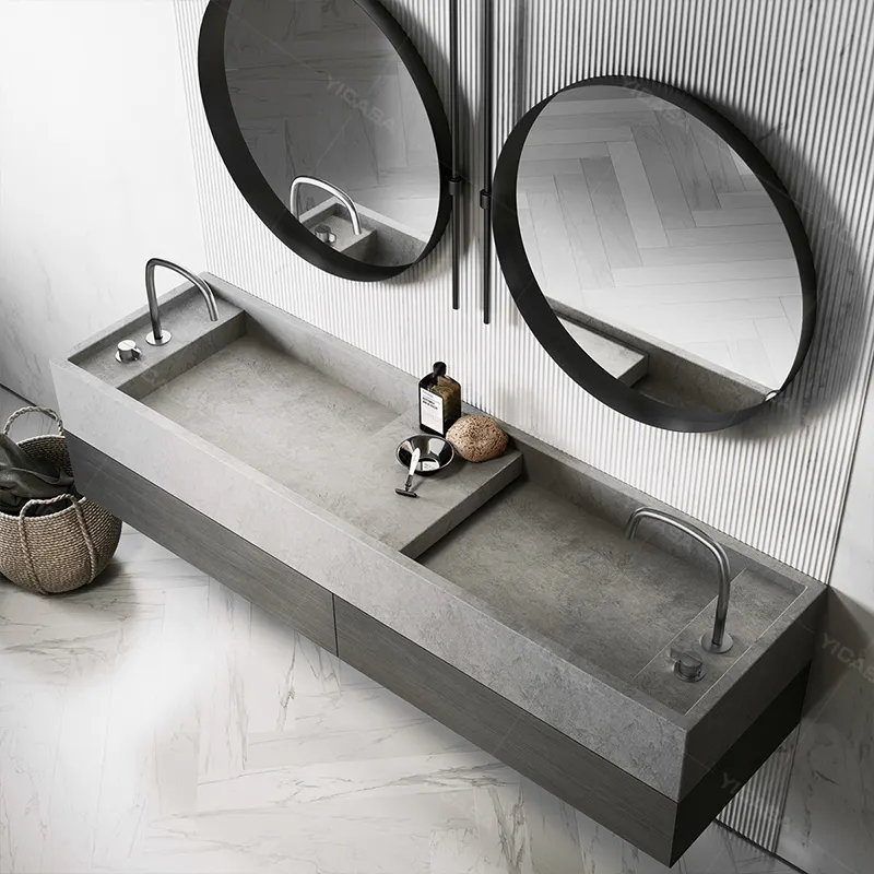 2021 stile industriale di cemento di colore grigio doppio lavello vanità bagno