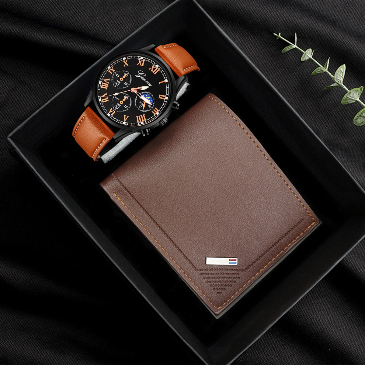 Montre marron + portefeuille + boîte cadeau